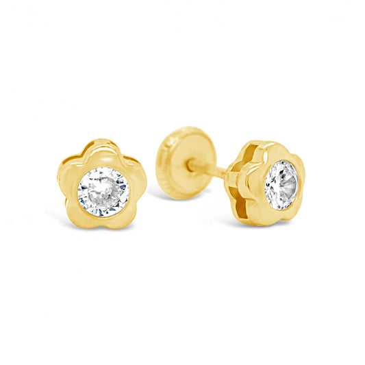 14K Yellow Gold Small Round CZ Petal-Frame Stud Screwback Earrings-1