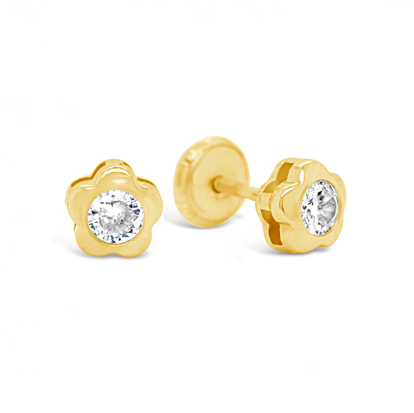 14K Yellow Gold Extra Small Round CZ Petal-Frame Stud Screwback Earrings