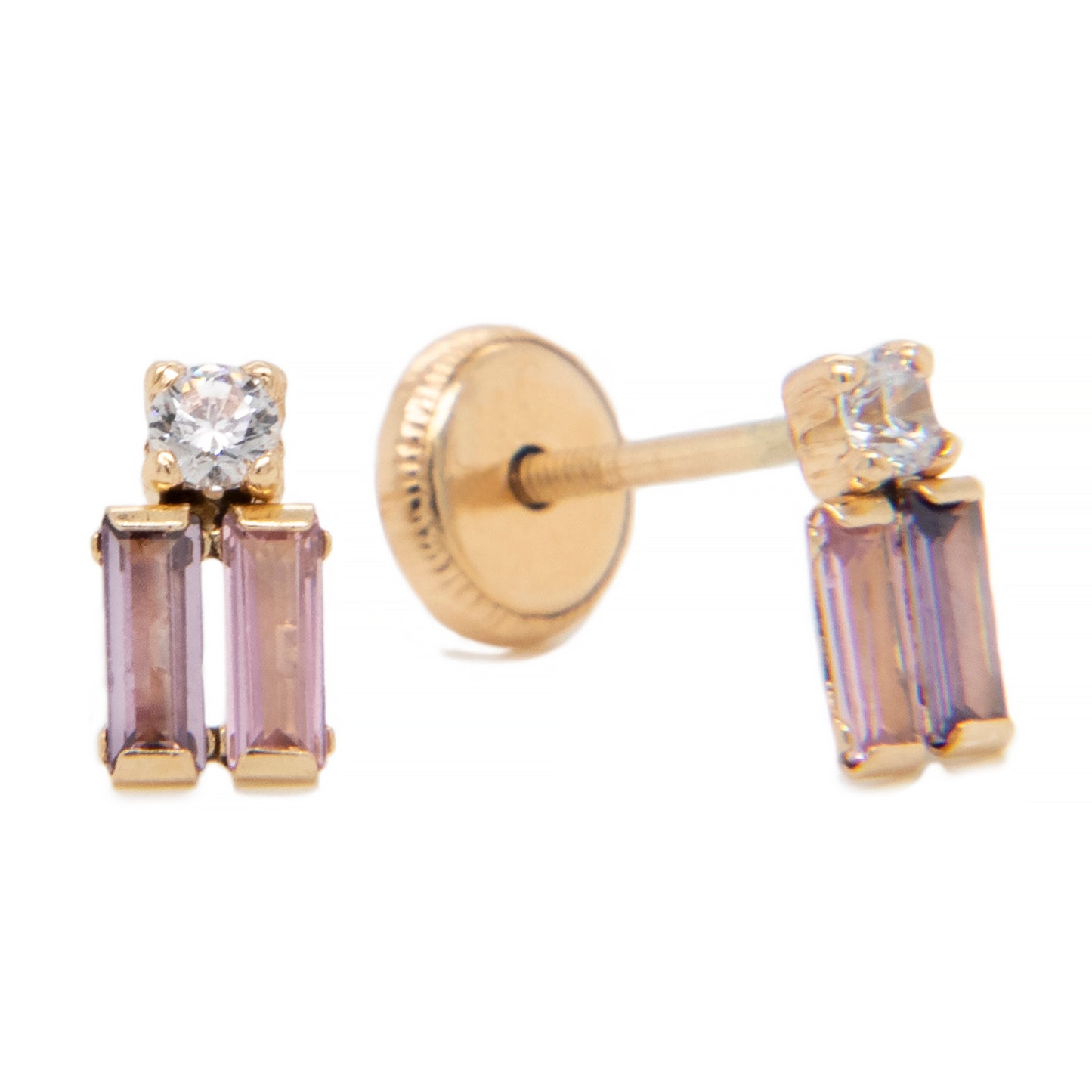 14K Yellow Gold CZ and Dual Pink CZ Baguette Stud Screwback Earrings