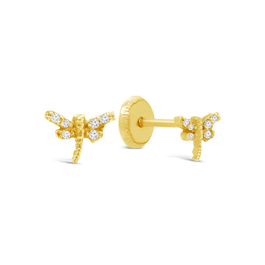 14K Yellow Gold Dragonfly with CZ Accents Stud Screwback Earrings