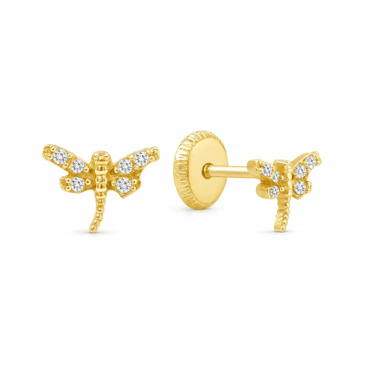 14K Yellow Gold Dragonfly with CZ Accents Stud Screwback Earrings