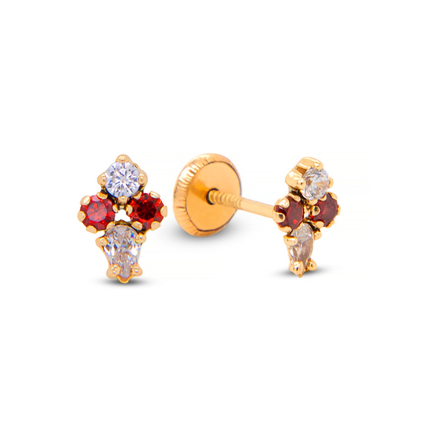14K Yellow Gold Red & White CZ Cluster Stud Screwback Earrings