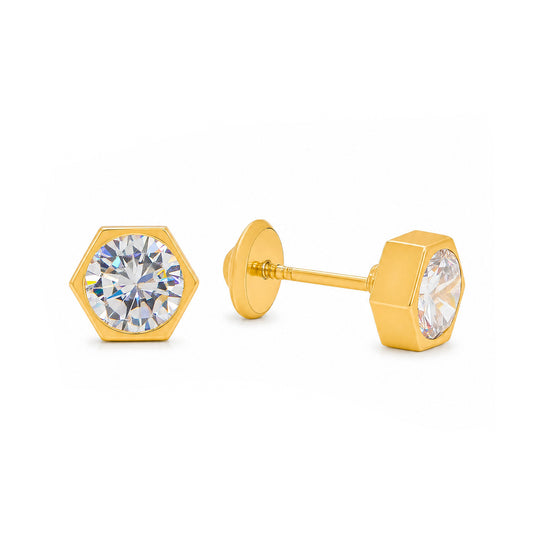 14K Yellow Gold 3MM Hexagon Bezel-Set CZ Stud Screwback Earrings