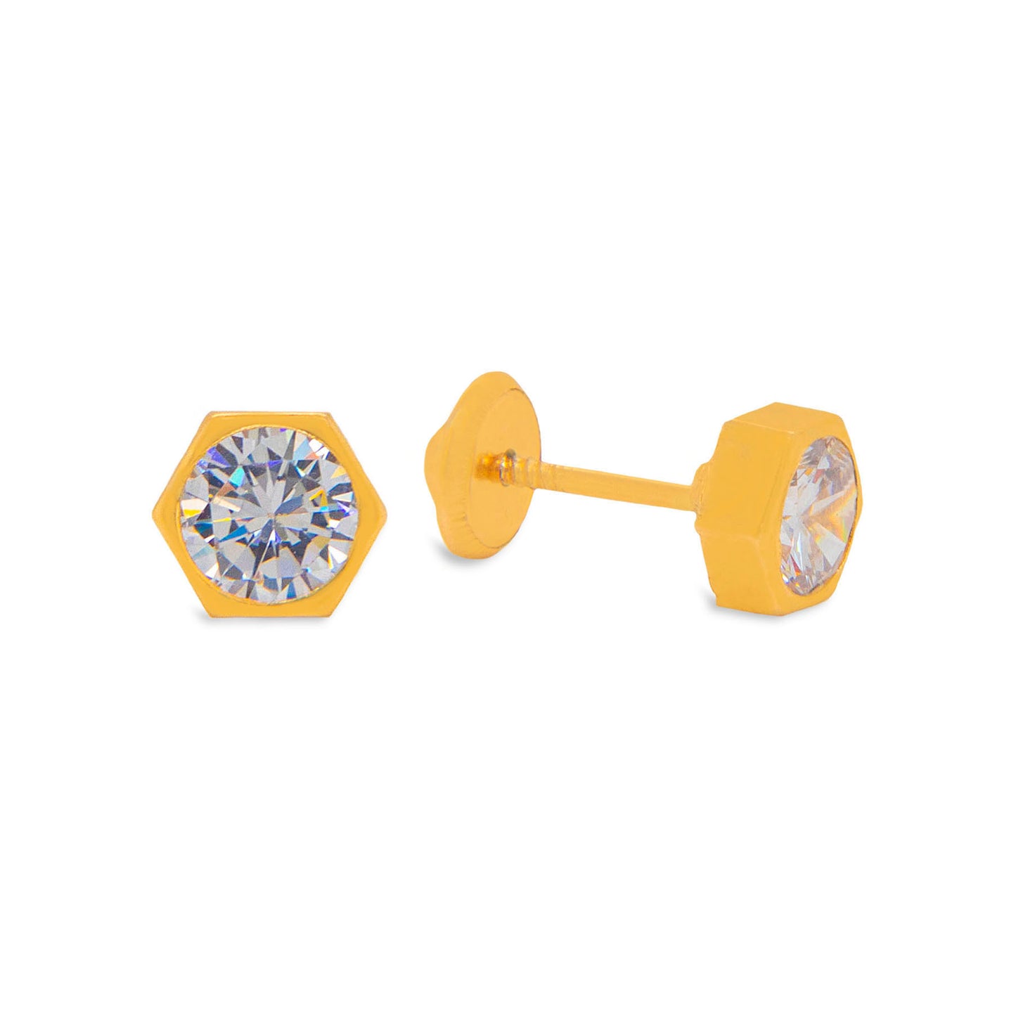 14K Yellow Gold 4MM Hexagon Bezel-Set CZ Stud Screwback Earrings