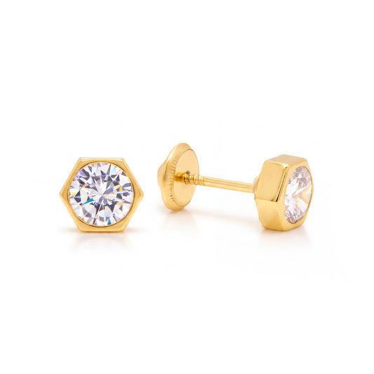 14K Yellow Gold 4MM Hexagon Bezel-Set CZ Stud Screwback Earrings