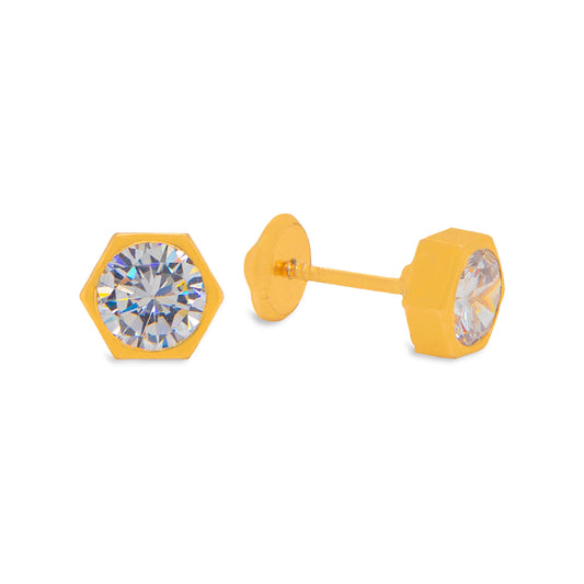 14K Yellow Gold 5MM Hexagon Bezel-Set CZ Stud Screwback Earrings