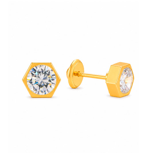 14K Yellow Gold 5MM Hexagon Bezel-Set CZ Stud Screwback Earrings