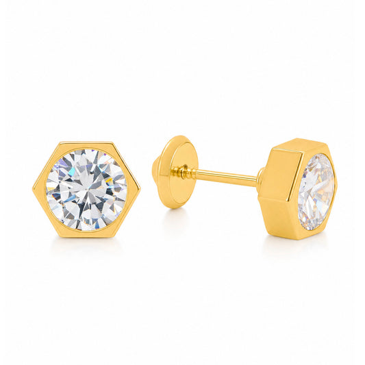 14K Yellow Gold 6MM Hexagon Bezel-Set CZ Stud Screwback Earrings
