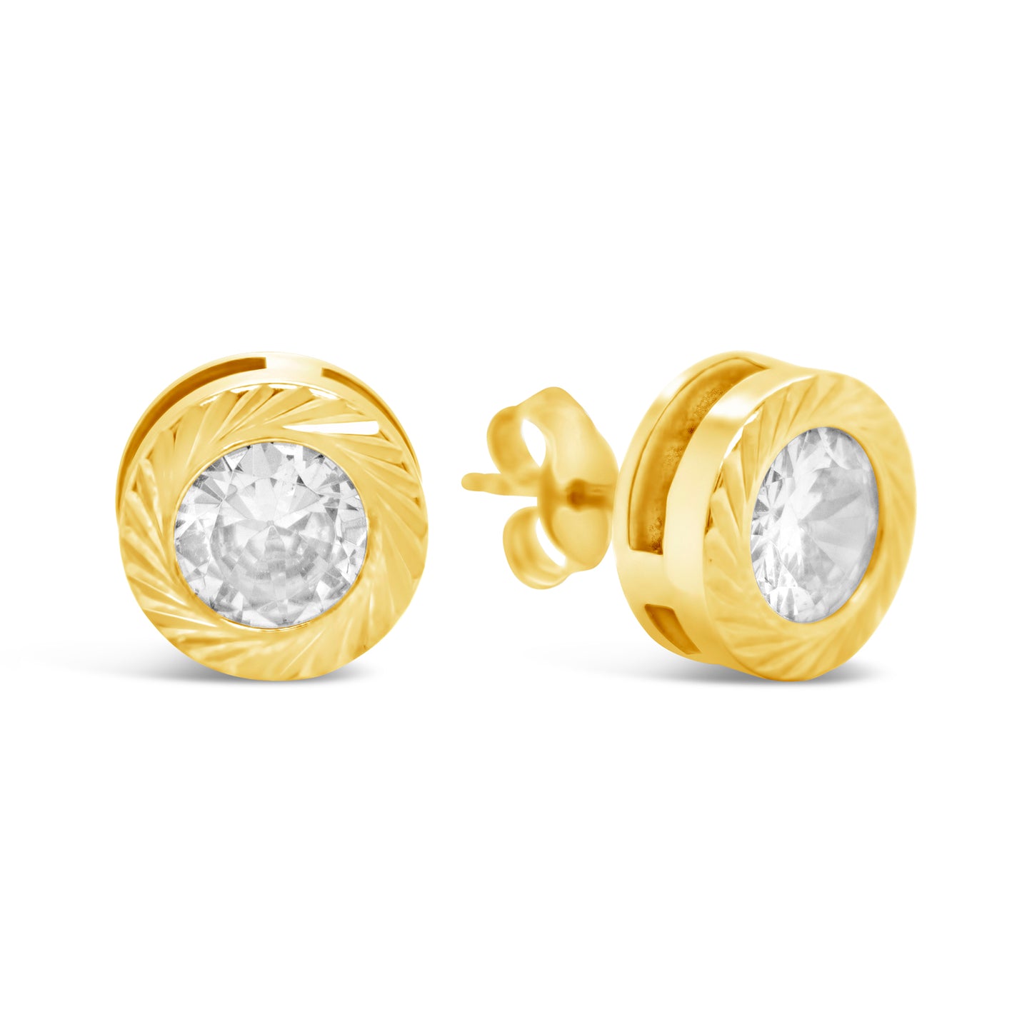 14K Yellow Gold 6MM White Round CZ Detailed Bezel Stud Pushback Earrings