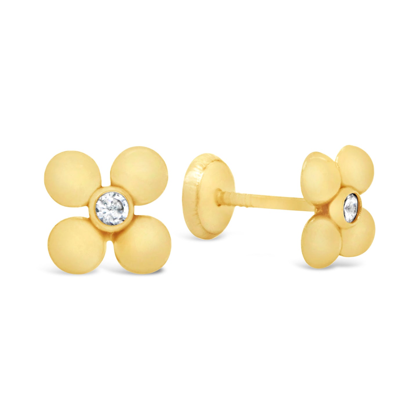 14K Yellow Gold Unique Petal Flower with CZ Center Stud Screwback Earrings