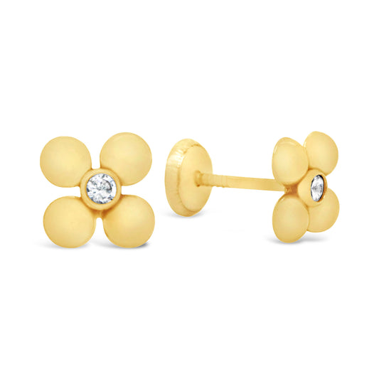 14K Yellow Gold Unique Petal Flower with CZ Center Stud Screwback Earrings