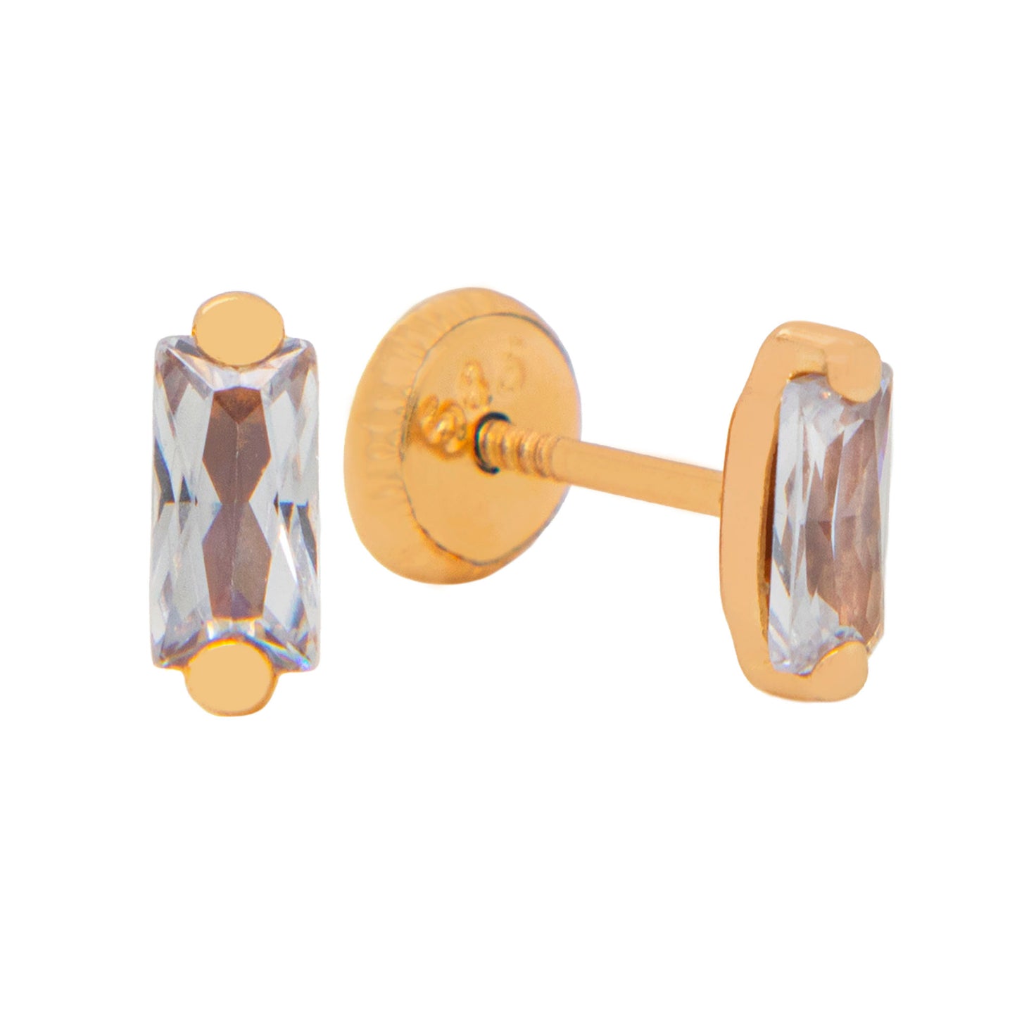 14K Yellow Gold CZ Baguette Stud Screwback Earrings