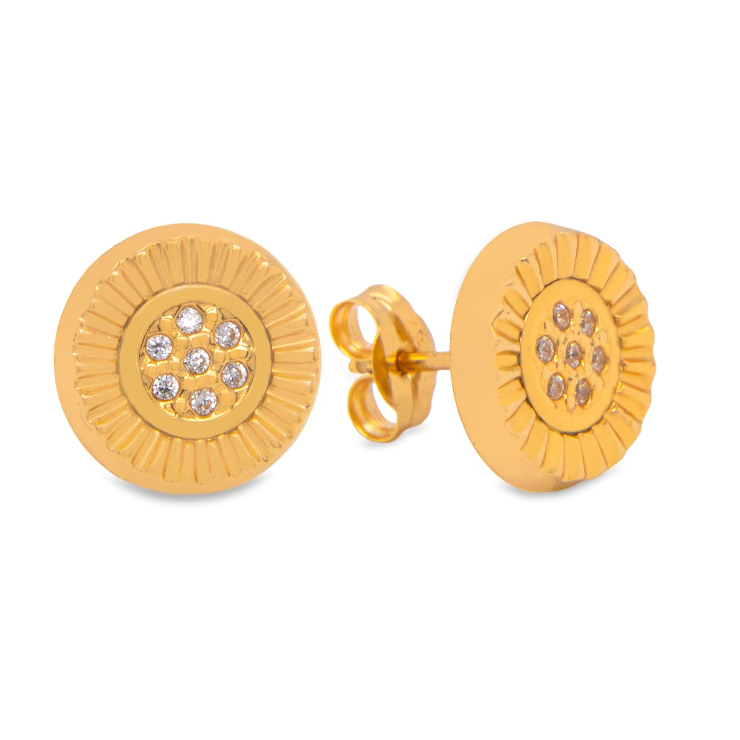 14K Yellow Gold Cubic Zirconia Sunflower Disc Stud Pushback Earrings