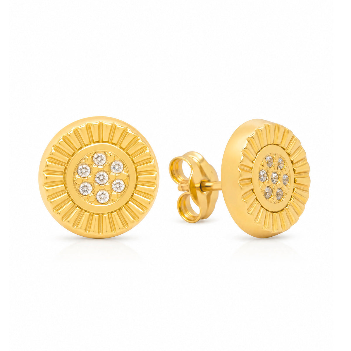 14K Yellow Gold Cubic Zirconia Sunflower Disc Stud Pushback Earrings