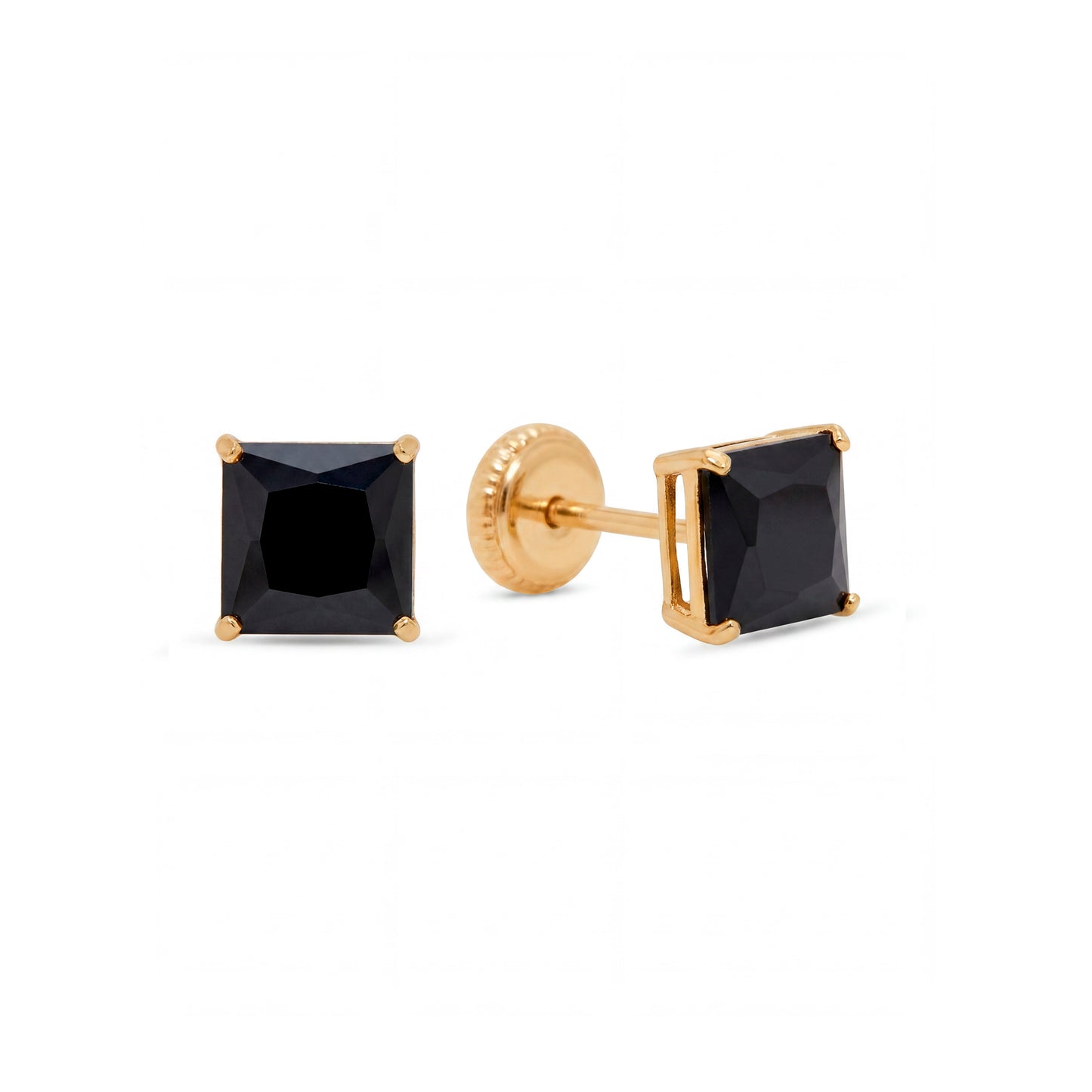 14K Yellow Gold 3MM Black CZ Emerald Cut Stud Screwback Earrings