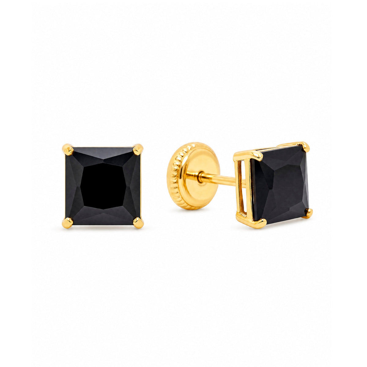 14K Yellow Gold 3MM Black CZ Emerald Cut Stud Screwback Earrings