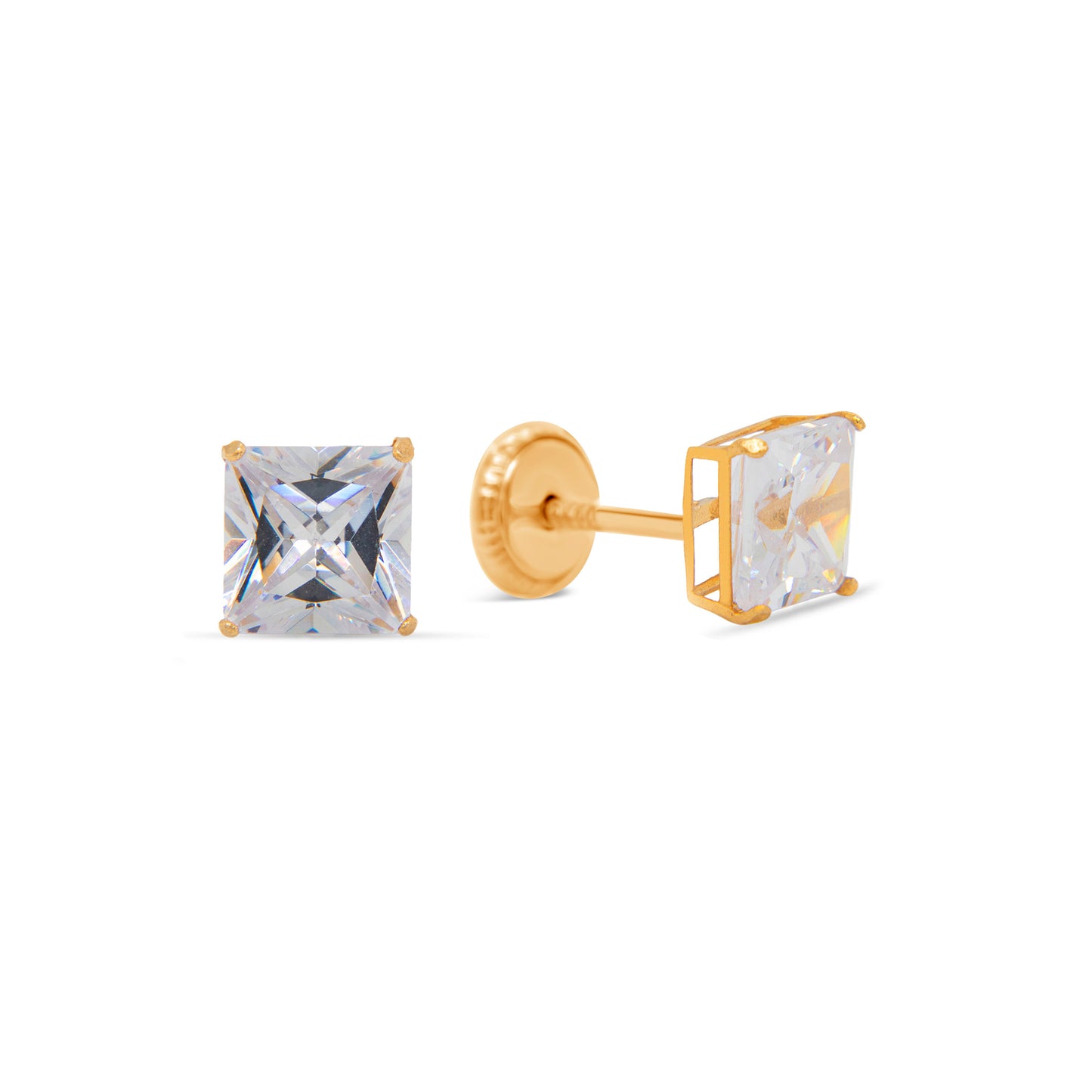 14K Yellow Gold 3MM White CZ Emerald Cut Stud Screwback Earrings