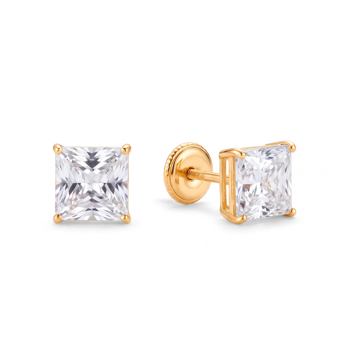 14K Yellow Gold 3MM White CZ Emerald Cut Stud Screwback Earrings