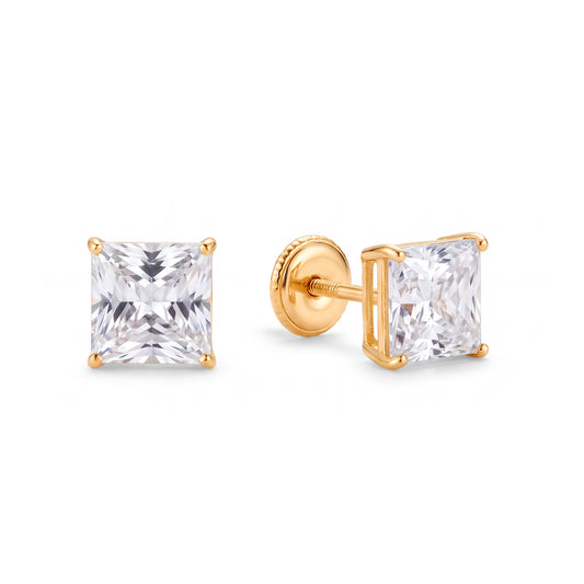 14K Yellow Gold 3MM White CZ Emerald Cut Stud Screwback Earrings