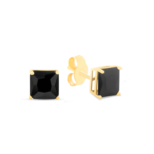 14K Yellow Gold 4MM Black CZ Emerald Cut Stud Pushback Earrings