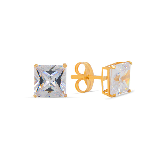 14K Yellow Gold 4MM White Princess Cut CZ Stud Pushback Earrings