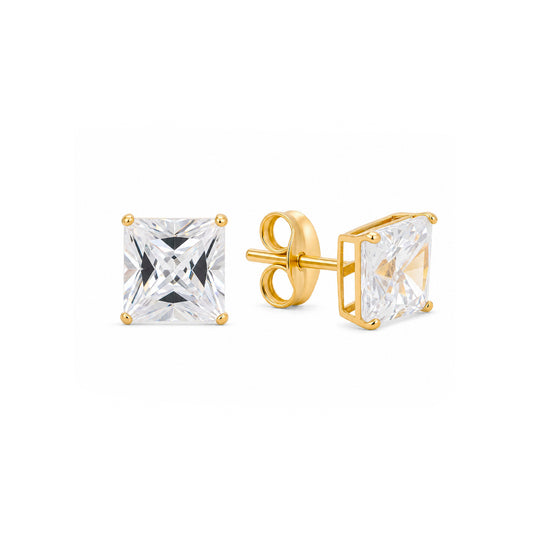 14K Yellow Gold 4MM White Princess Cut CZ Stud Pushback Earrings
