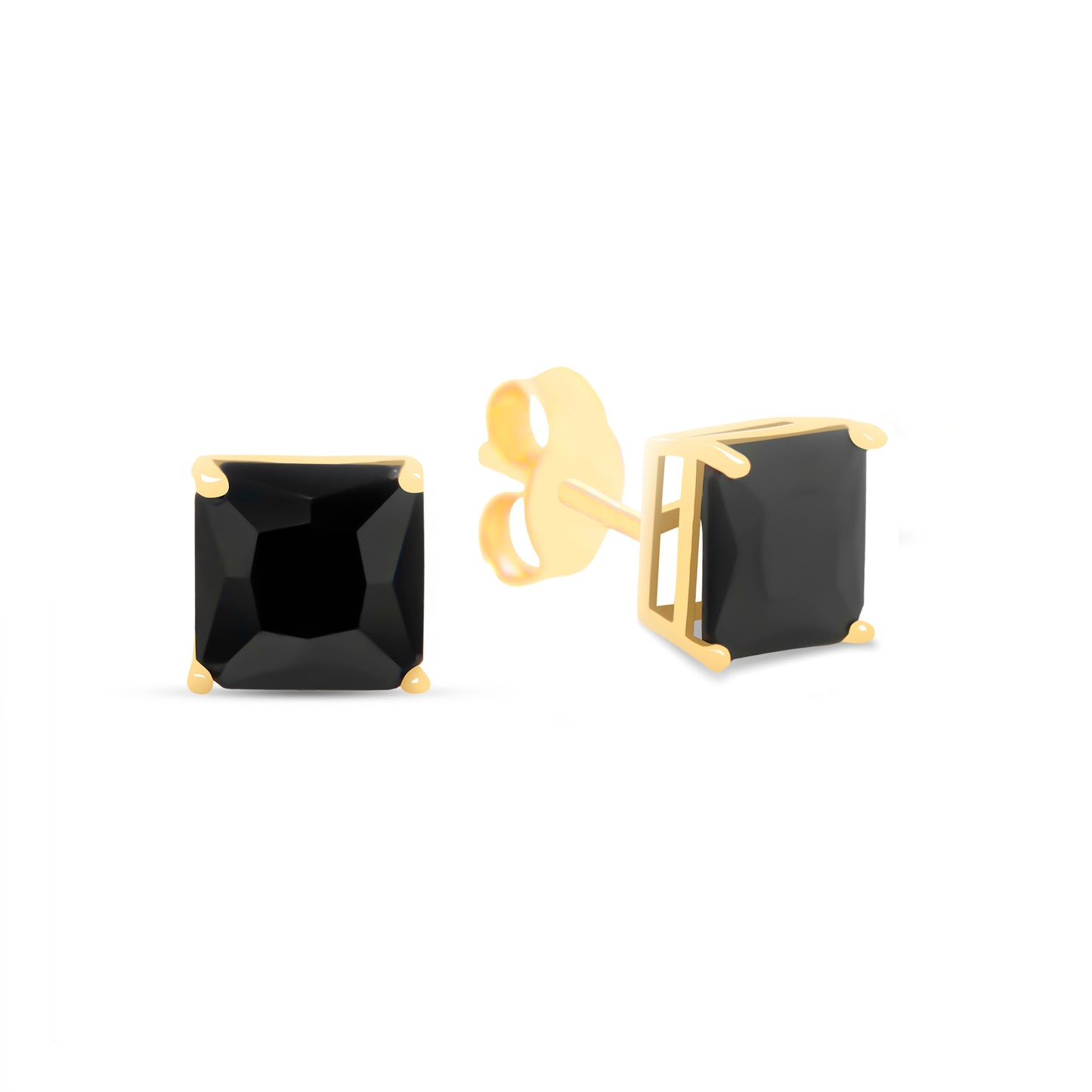 14K Yellow Gold 5MM Black CZ Emerald Cut Stud Pushback Earrings