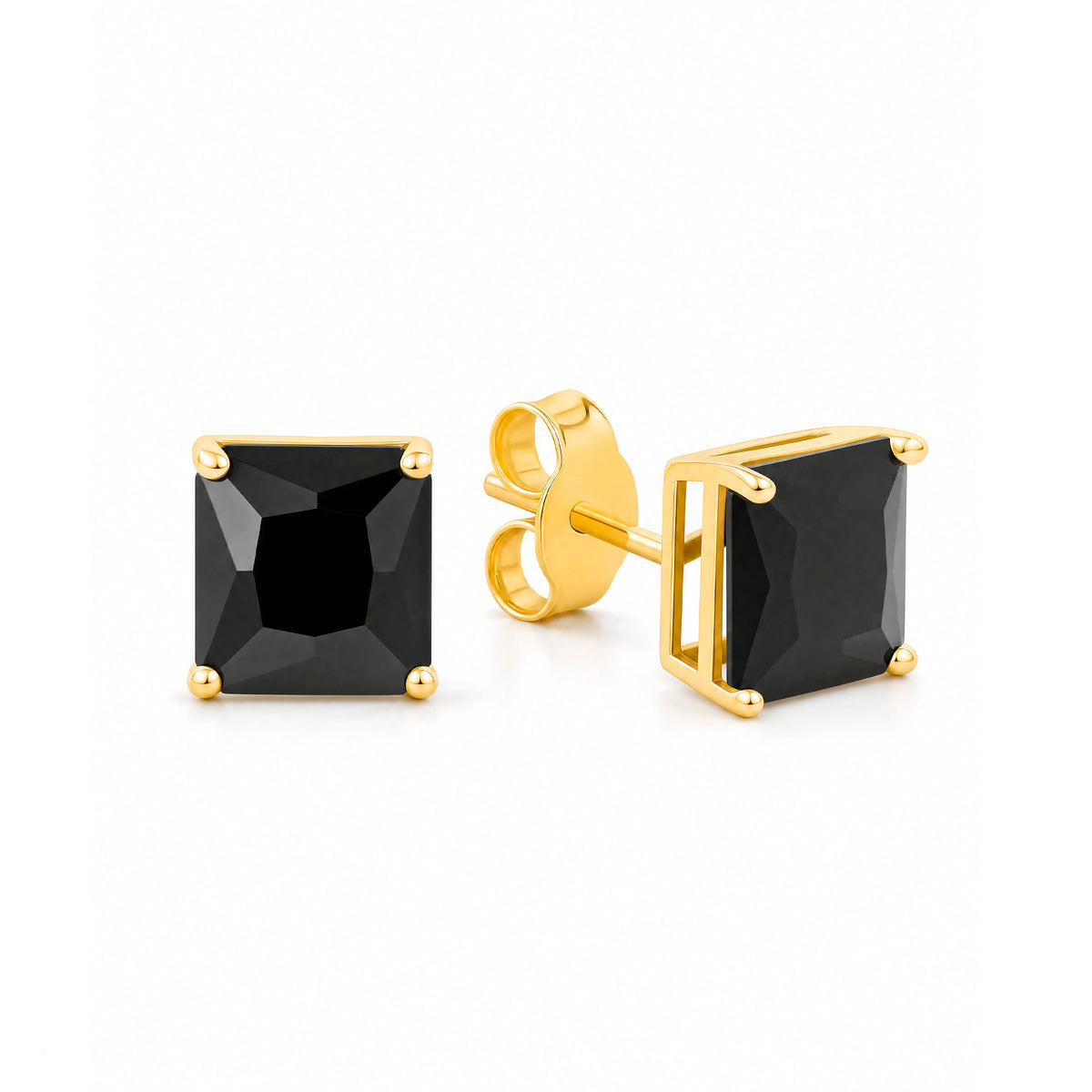 14K Yellow Gold 5MM Black CZ Emerald Cut Stud Pushback Earrings