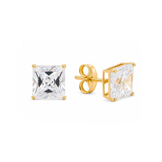 14K Yellow Gold 5MM White Princess Cut CZ Stud Pushback Earrings