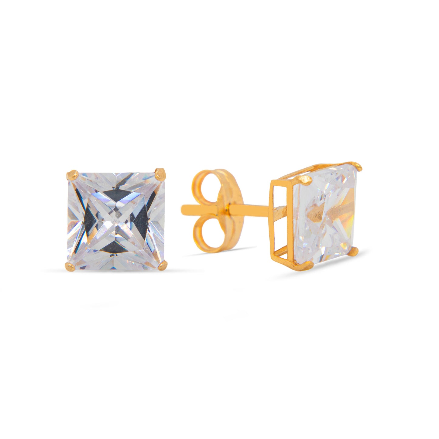 14K Yellow Gold 5MM White Princess Cut CZ Stud Pushback Earrings