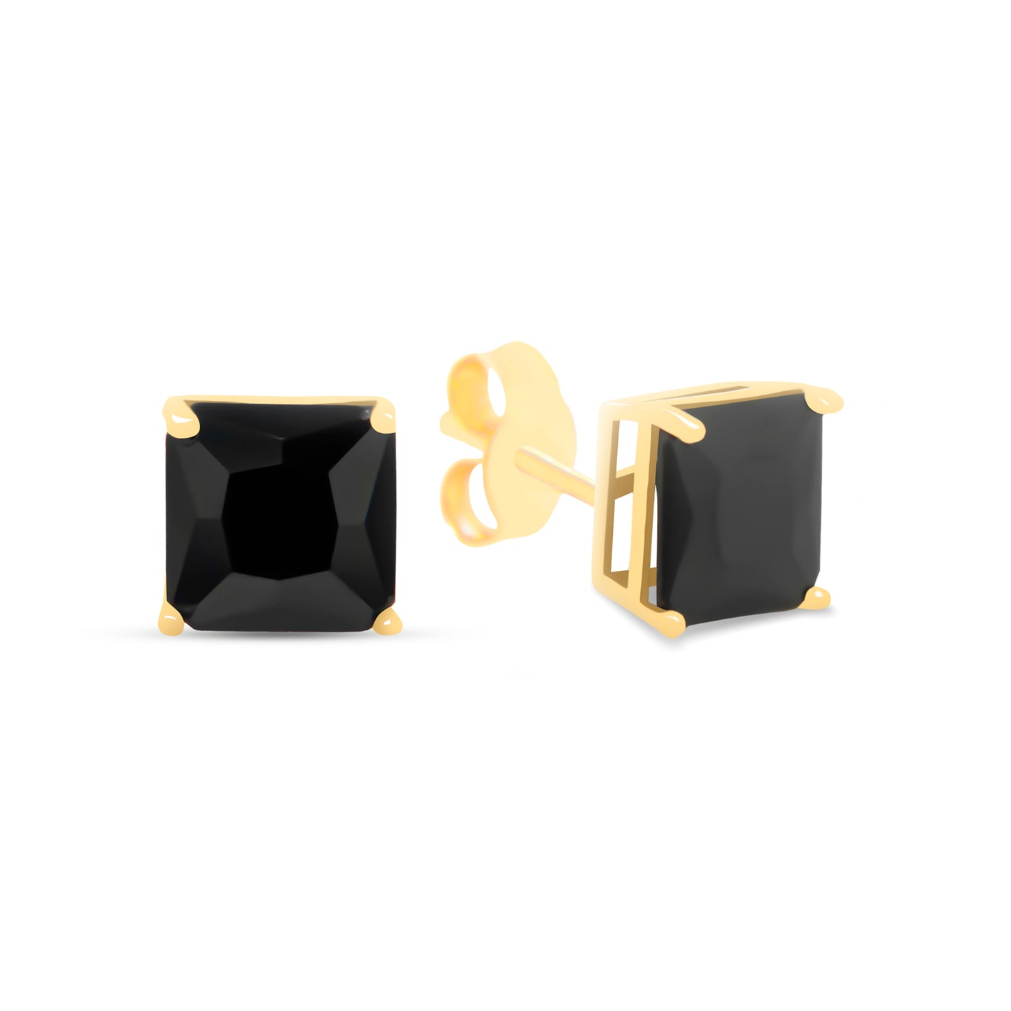 14K Yellow Gold 6MM Black CZ Emerald Cut Stud Pushback Earrings