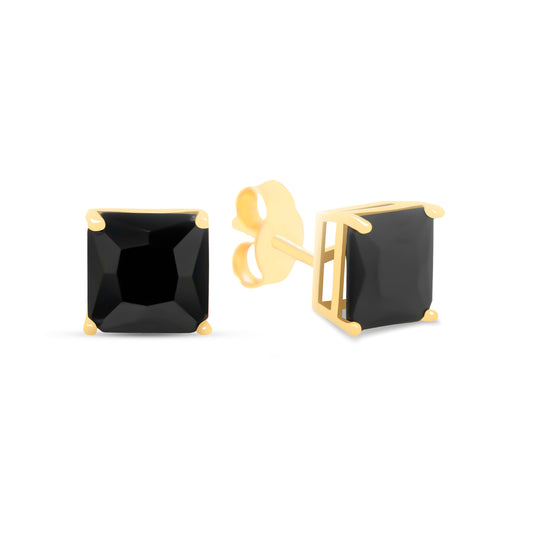 14K Yellow Gold 6MM Black CZ Emerald Cut Stud Pushback Earrings