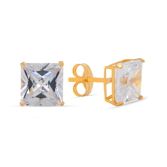 14K Yellow Gold 6MM White Princess Cut CZ Stud Pushback Earrings
