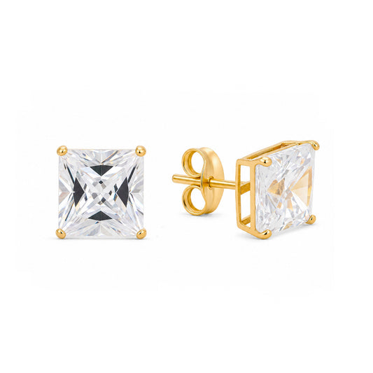 14K Yellow Gold 6MM White Princess Cut CZ Stud Pushback Earrings