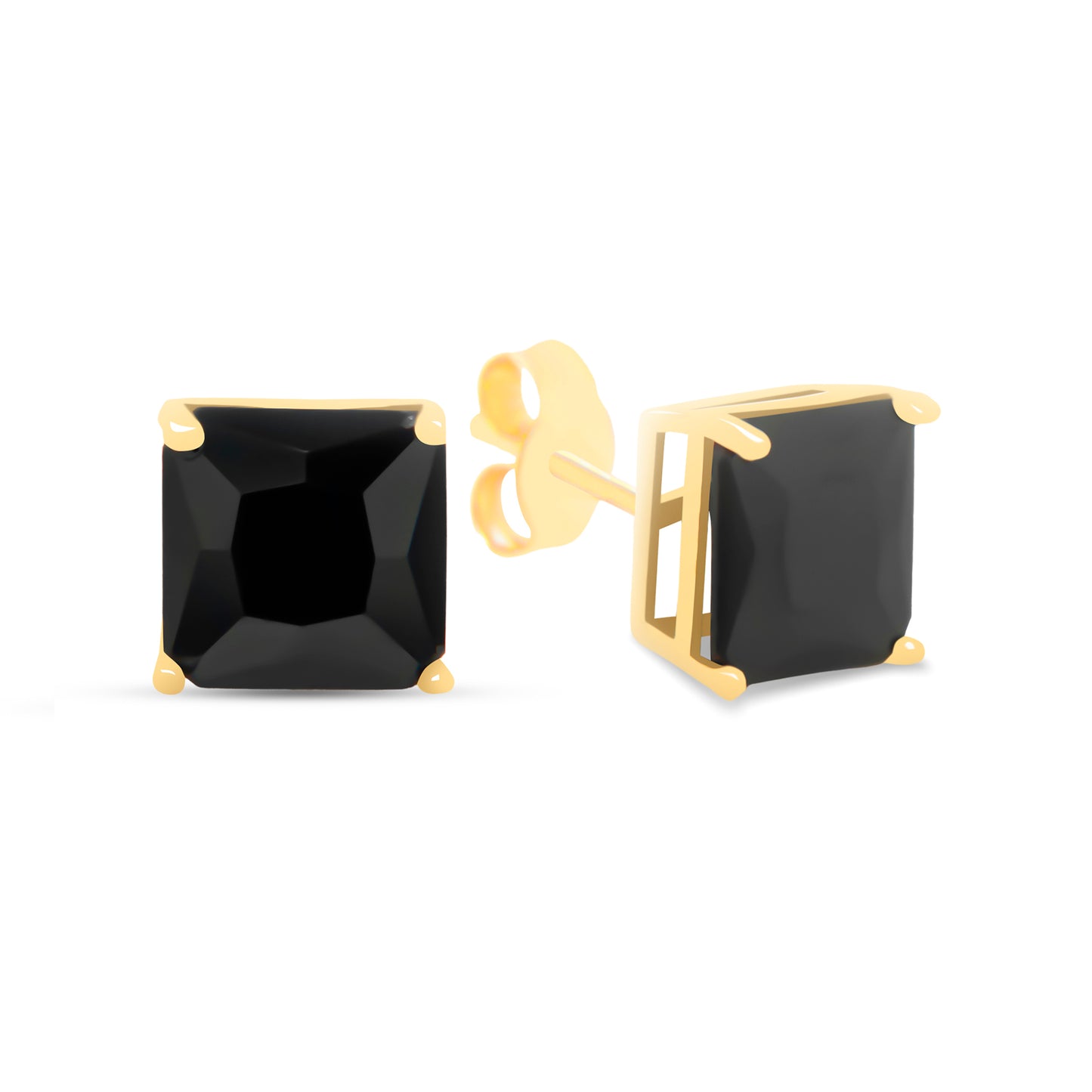 14K Yellow Gold 7MM Black CZ Emerald Cut Stud Pushback Earrings