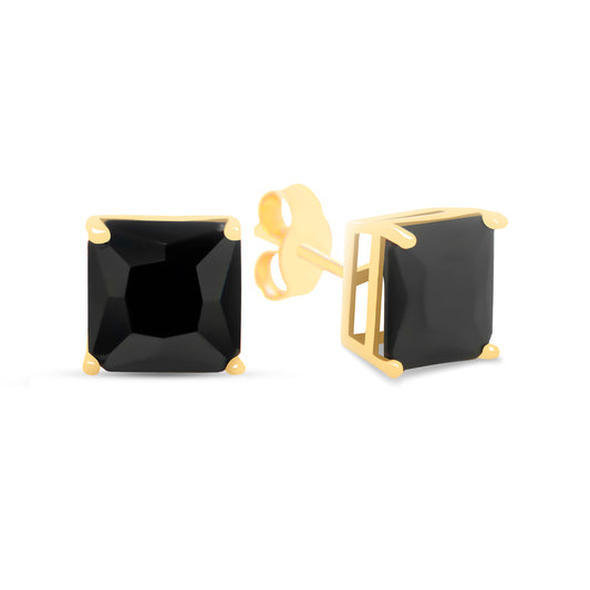 14K Yellow Gold 7MM Black CZ Emerald Cut Stud Pushback Earrings