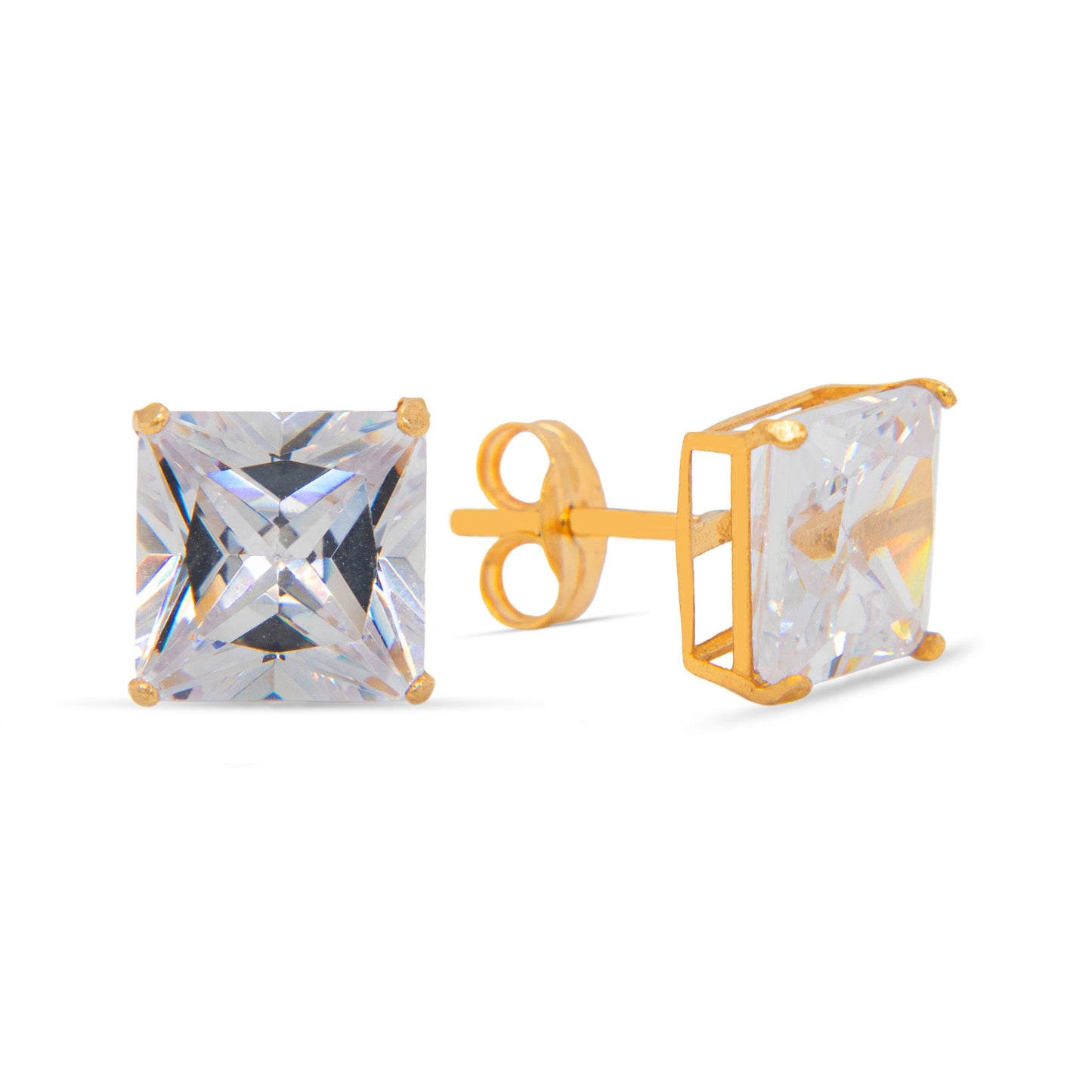14K Yellow Gold 7MM White Princess Cut CZ Stud Pushback Earrings