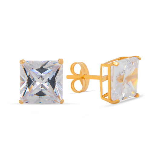 14K Yellow Gold 7MM White Princess Cut CZ Stud Pushback Earrings