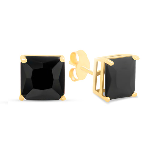 14K Yellow Gold 8MM Black CZ Emerald Cut Stud Pushback Earrings
