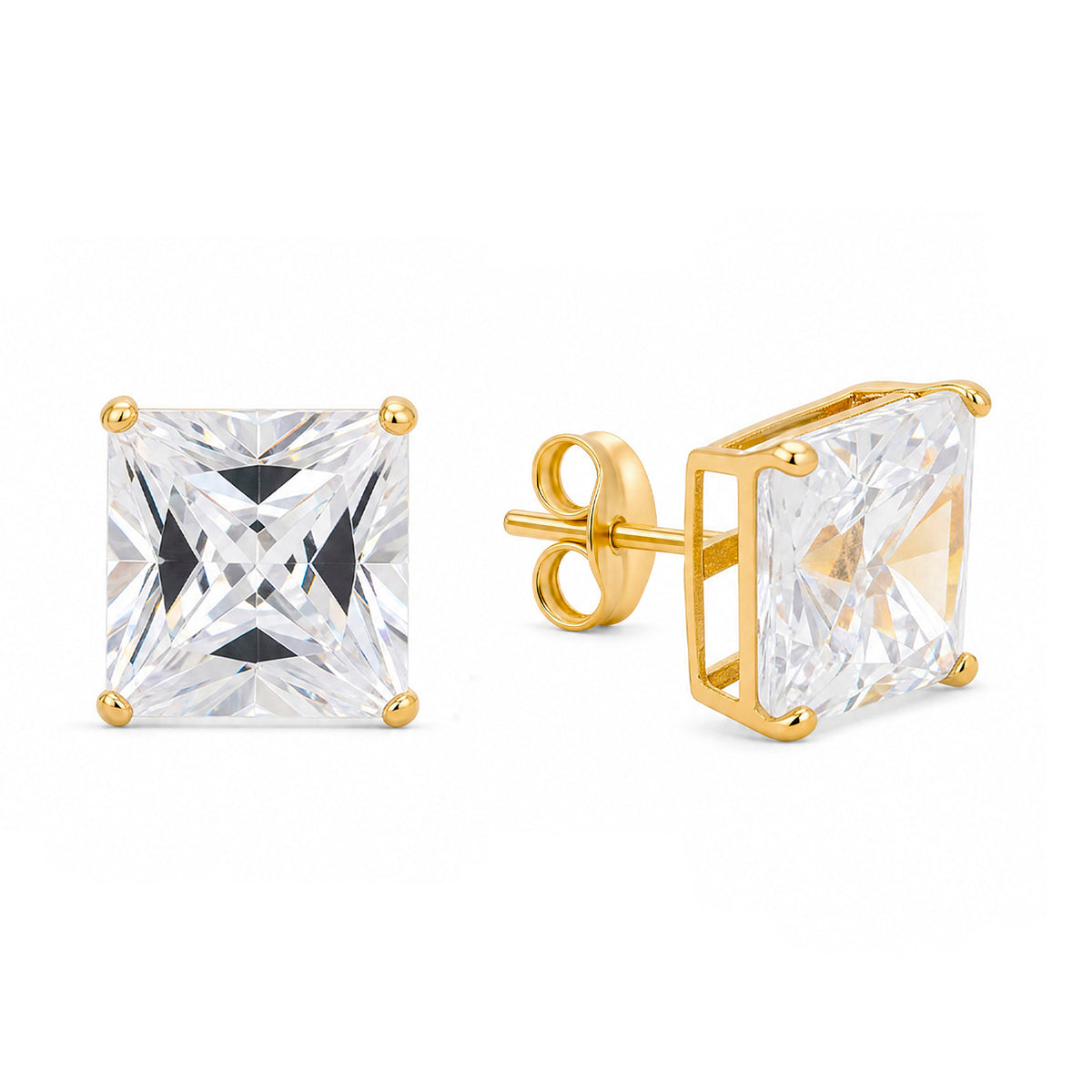 14K Yellow Gold 8MM White Princess Cut CZ Stud Pushback Earrings