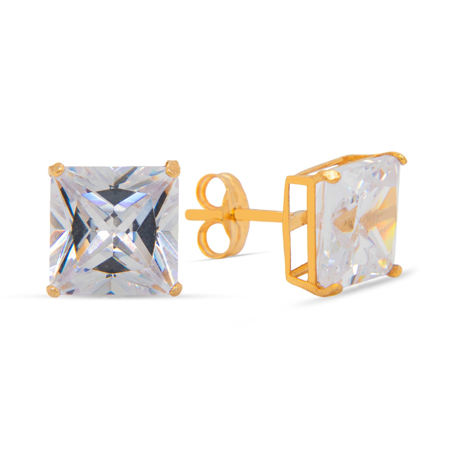 14K Yellow Gold 8MM White Princess Cut CZ Stud Pushback Earrings