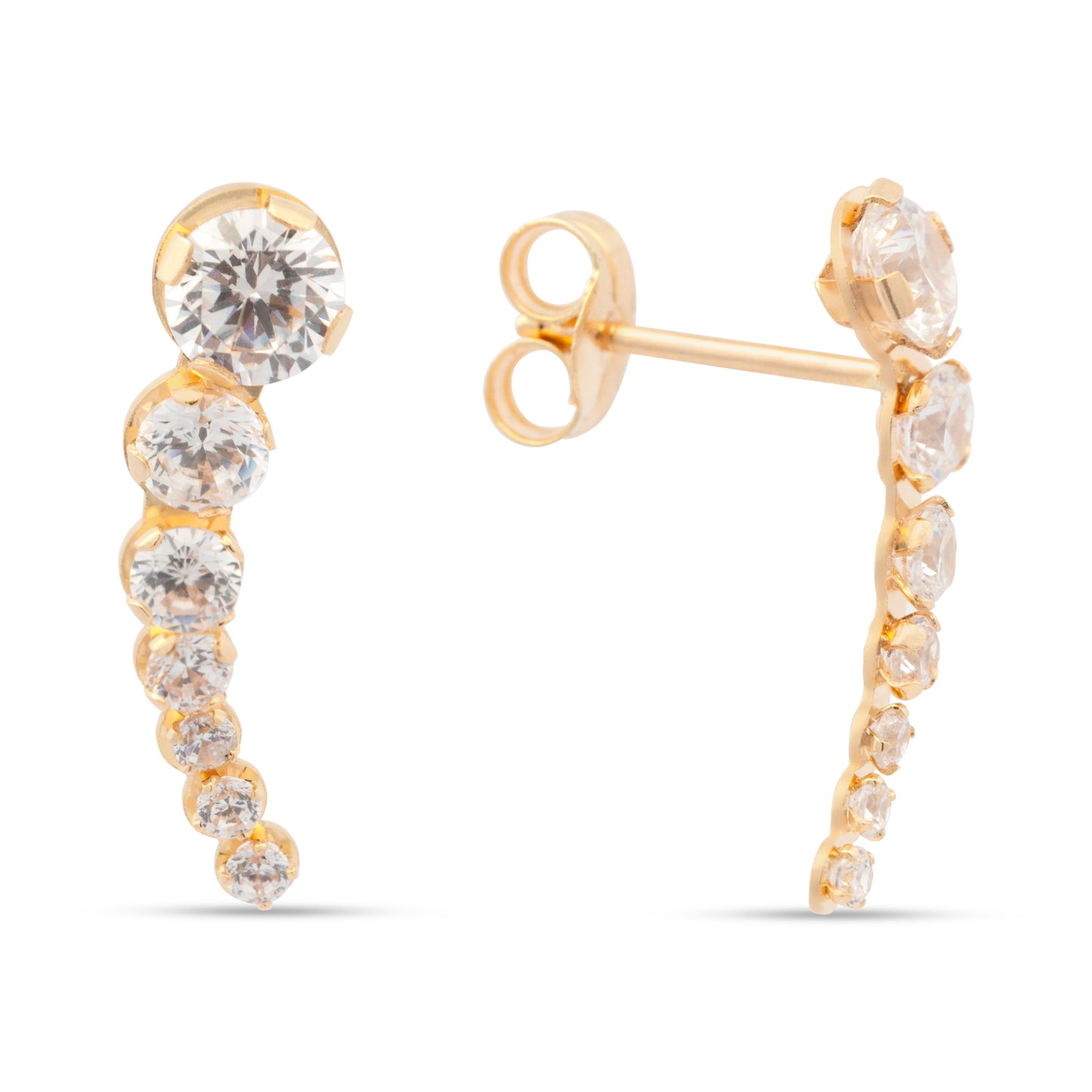 14K Yellow Gold Medium White CZ Curved Bar Stud Pushback Earring