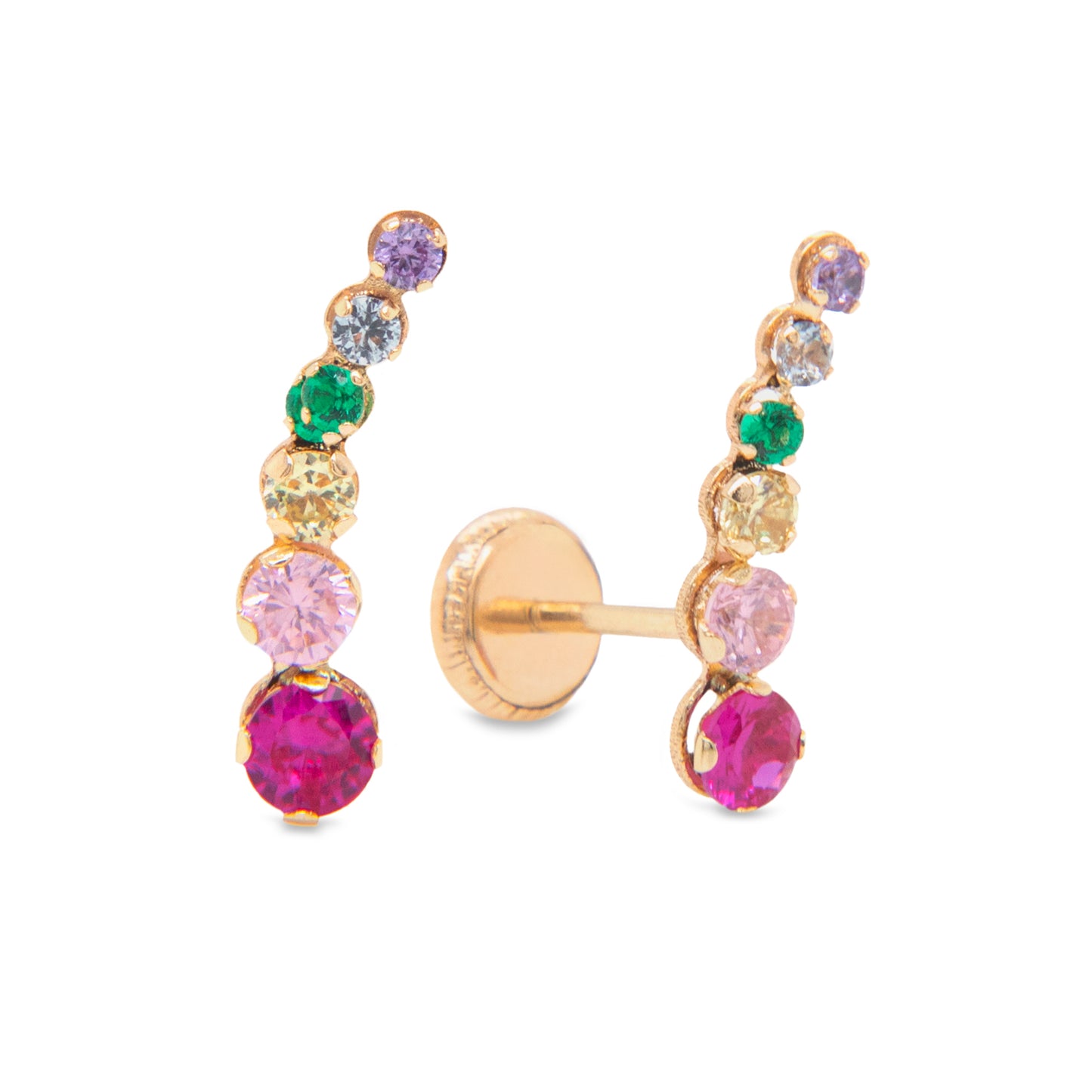 14K Yellow Gold Medium Multicolor CZ Curved Bar Stud Screwback Earring