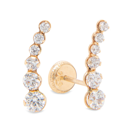 14K Yellow Gold Small White CZ Curved Bar Stud Screwback Earring