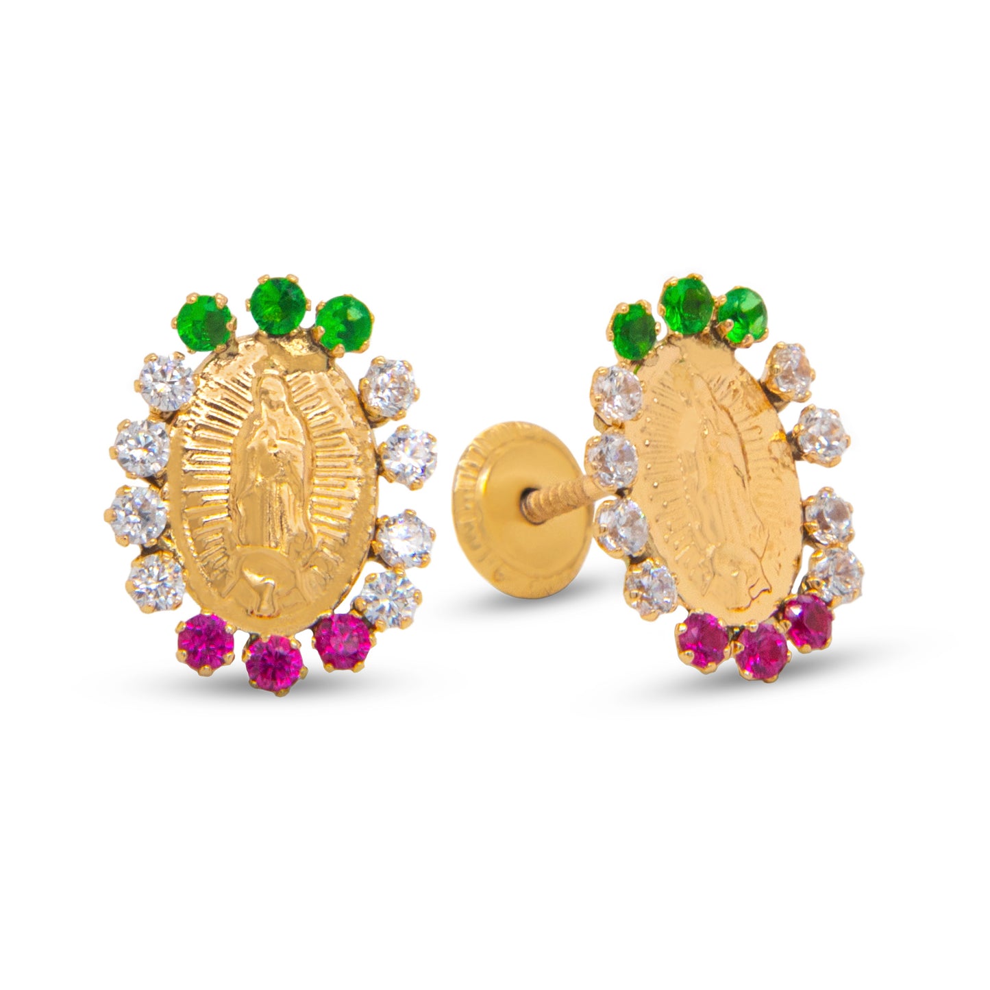 14K Yellow Gold Round Guadalupe Multi-Color CZ Halo Screbwack Earrings