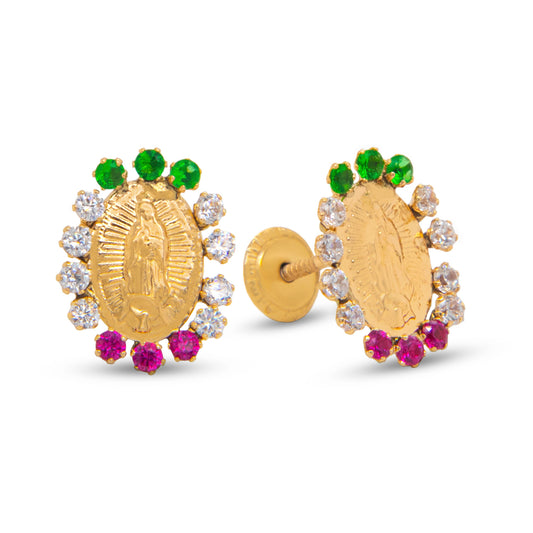 14K Yellow Gold Round Guadalupe Multi-Color CZ Halo Screbwack Earrings