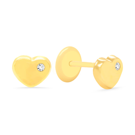14K Yellow Gold Small Domed Heart with Solitaire CZ Stud Screwback Earrings
