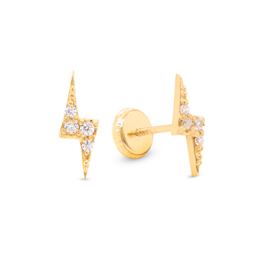 14K Yellow Gold White CZ Lightning Bolt Stud Screwback Earrings