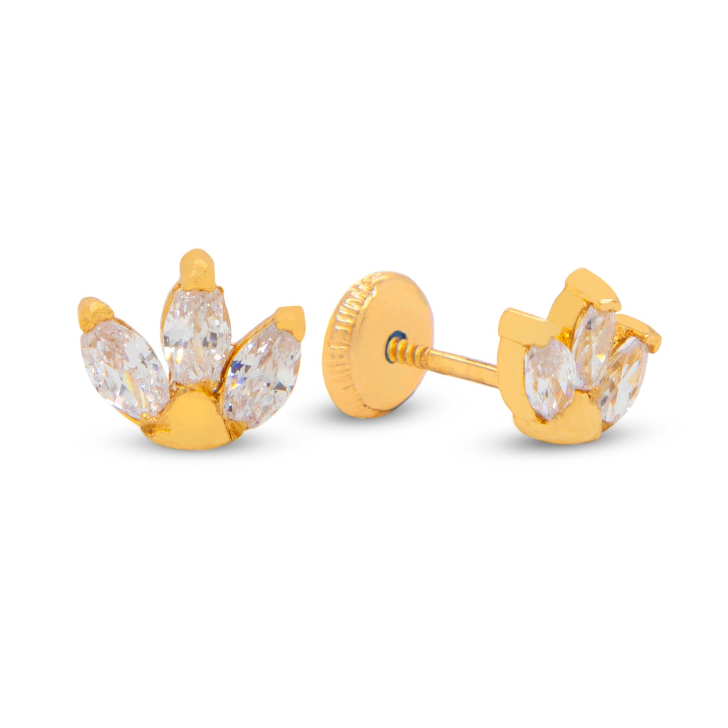 14K Yellow Gold White CZ Triple Marquise Stud Screwback Earrings
