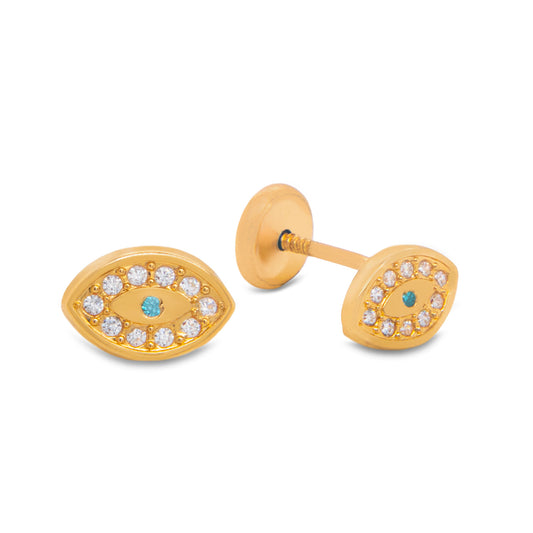 14K Yellow Gold Evil Eye with White & Light Blue CZ Stud Screwback Earrings